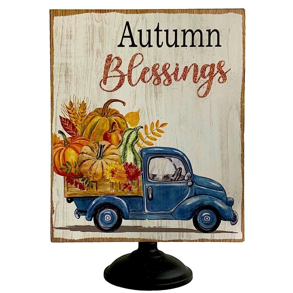 Pedestal Autumn Blessing Table Counter Decor Vintage Pumpkin Truck